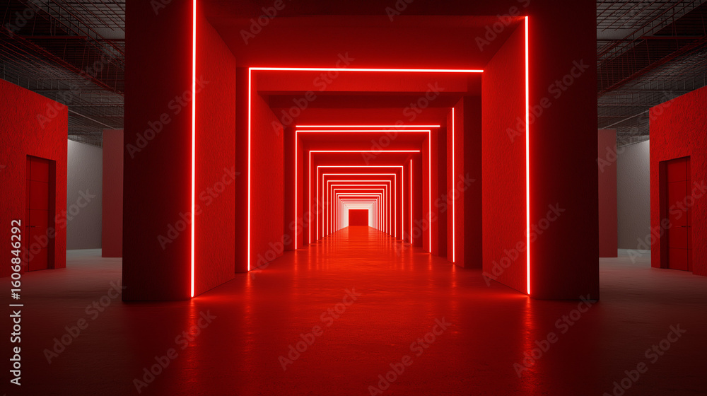 Poster abstract tunnel with red neon lights, creating a vibrant architectural design