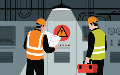 Fototapeta premium Two industrial workers in safety vests inspecting a machine control panel. Flat vector illustration.