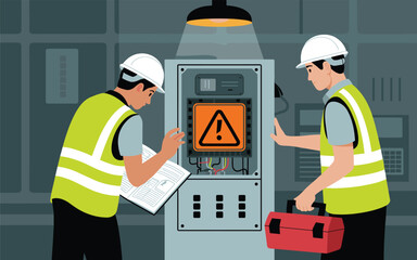Electricians Inspecting Electrical Panel with Warning Sign