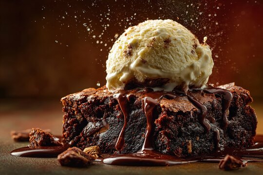 Decadent brownie topped with vanilla ice cream and chocolate sauce