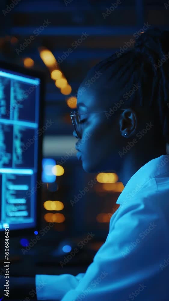 Aufkleber female professional working in a tech lab, focused on computer screens and data analysis.