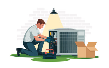 Technician repairing an outdoor air conditioning unit. Flat vector illustration of HVAC maintenance.