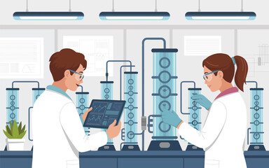 Scientific team working in a modern research laboratory with advanced bioreactor equipment.