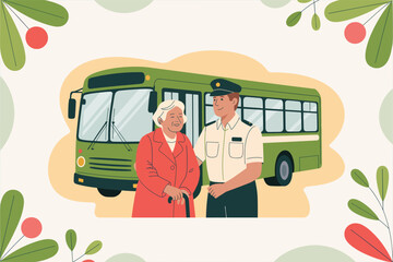Heartwarming Public Service Bus Driver Compassionately Assists Elderly Passenger, Symbolizing Community Support and Accessibility