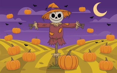 Creepy scarecrow standing in a pumpkin patch field on a spooky Halloween night.