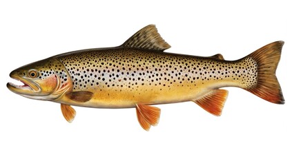 Brown trout isolated on white background. Speckled red spot on brown fish body. Visible fins, tail, gill, eye, mouth. Aquatic creature with vibrant colours, detail. Close-up of fish body, macro,