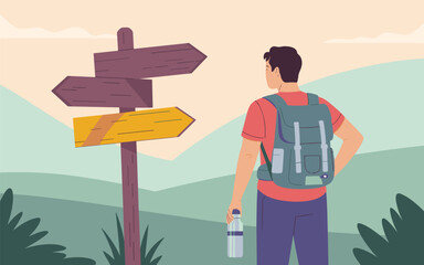 A flat vector illustration of a hiker choosing a path at a crossroads signpost in nature