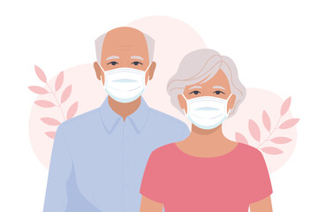 Senior Couple Wearing Masks Health and Safety Illustration