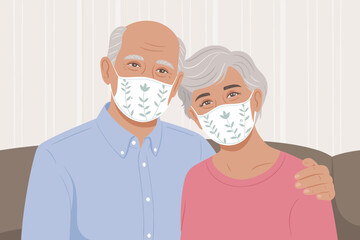 Loving senior couple wearing protective face masks, a flat vector illustration