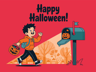 Charming Halloween greeting with a boy trick-or-treating and a pumpkin in a mailbox.