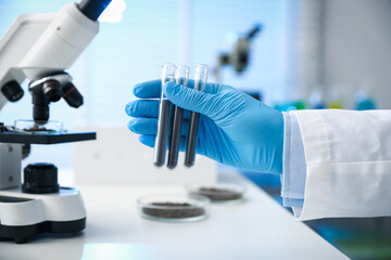 Scientist with test tubes of soil samples at white table in laboratory, closeup