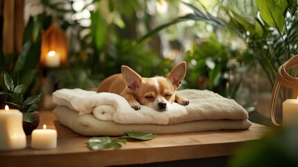 Chihuahua Napping Amidst Lush Greenery and Soft Towels, Peaceful Pup
