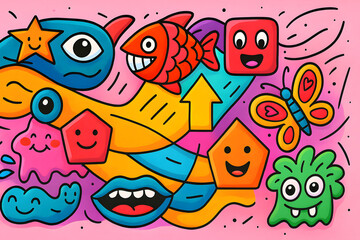 Fun and Quirky Cartoon Doodle with Happy Characters and Shapes