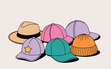 A flat vector illustration showcasing six colorful and stylish hats and caps
