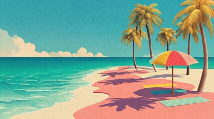 Obraz premium Vibrant Summer Beach Flat Vector: Turquoise Water, White Sand with Minimalist Palm Silhouettes and Geometric Umbrella