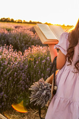 Girl in lavender field reading book at sunset. Holding a straw bag with lavender bouquet, dressed...