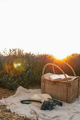 Wicker picnic basket with open book, lavender bouquet, and straw hat on blanket in lavender field...