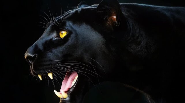 Close up of a black panther displaying its sharp teeth and intense yellow eyes while over a dark background