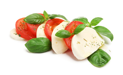 Tasty salad Caprese with mozzarella, tomatoes, basil and spices isolated on white