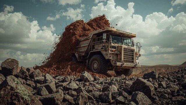Unloading off-road dump truck dumping red soil on quarry floor, with rocks and boulders