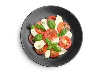 Tasty salad Caprese with mozzarella, tomatoes, basil and spices isolated on white, top view