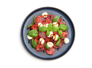 Tasty salad Caprese with mozzarella, tomatoes, basil and balsamic vinegar isolated on white, top...