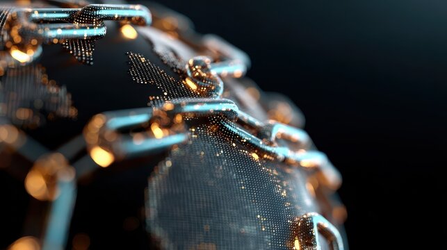 Metallic chain encircling pixelated earth globe symbolizing global crisis