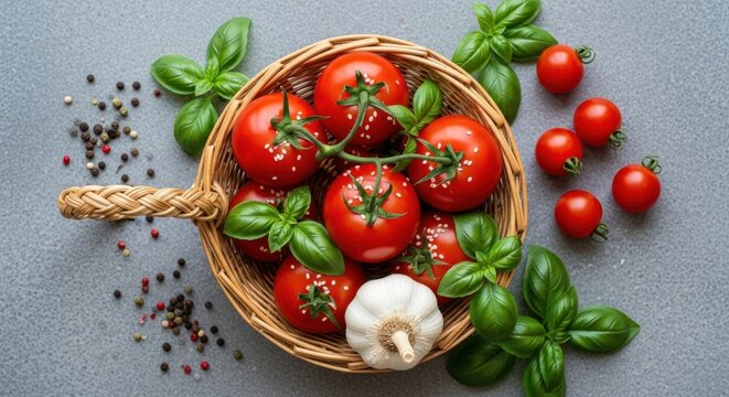 Fresh ripe tomatoes and basil with garlic and peppercorns in a wicker basket on a textured grey background