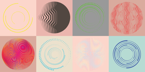 Lines and dots in Circle Form .Rotate rounded shape Vector .Rotating dots form a circle .Rotating and linear design element . Various lines forming round shape . Abstract Geometric line art .
