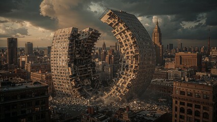 Showing skyscraper splitting into curved halves in downtown, with exposed beams and shattered glass