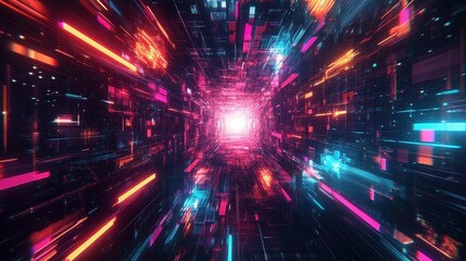 Fototapeta premium Photorealistic futuristic cyberspace corridor with vibrant neon colors and dynamic geometric patterns. High-speed digital data tunnel with glowing neon lights