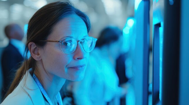 Scientist using interactive touchscreen display at medical conference examining futuristic research