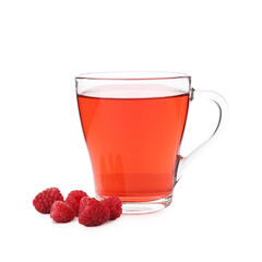 Tasty raspberry tea and berries isolated on white