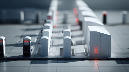 Futuristic server room controlling data flow with laser beams