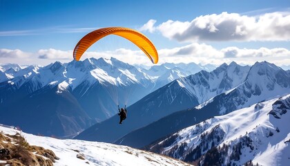 Paraglider soaring above snowy mountain peaks
