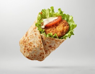 Crispy fried chicken wrap mid-air on light gray background. Golden-brown crust, soft inside, filled with chicken, fresh lettuce. Healthy snack, fast food, wholesome, delicious, lunchtime, alimentary.