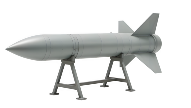Transparent Missile Mockup on Stand – Isolated PNG for Military Design Use