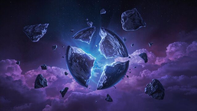 Emitting blue fissures, planet core fracturing in deep space with rock fragments and purple nebula - Powered by Adobe