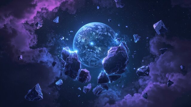 Revealing blue planet rotating among asteroids in space, with violet nebula, glowing cracks, stars