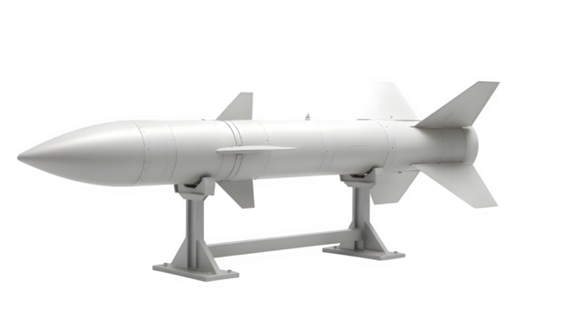 Transparent Missile Mockup on Stand – Isolated PNG for Military Design Use