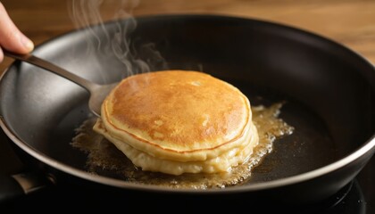 Person flipping pancake in round frying pan. Golden batter, spatula, and steam rise from sizzling hot pancake batter. Black pan on stovetop with gray countertop background.