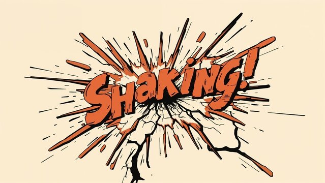 Displaying comic-style 'Shaking!' text radiating cracks on beige backdrop, with bold onomatopoeia - Powered by Adobe