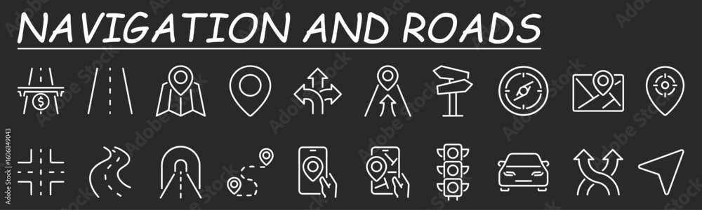 Poster navigation and roads related outline icons set isolated on white background flat vector illustration