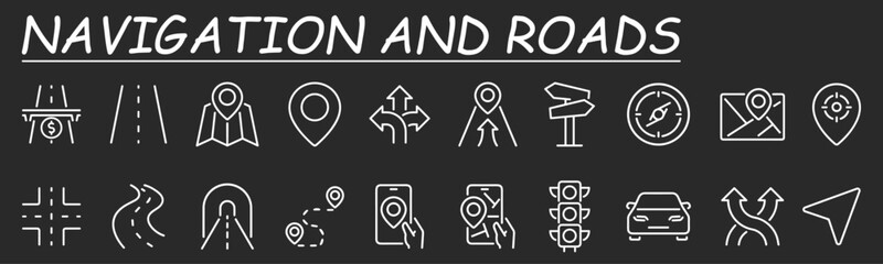 Navigation and roads related outline icons set isolated on white background flat vector illustration. 