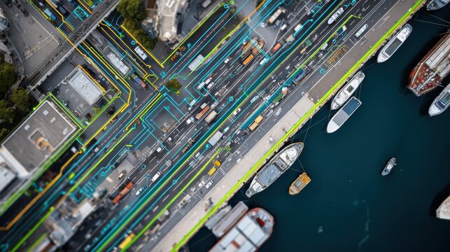 Smart transportation system managing traffic flow in city and harbor with artificial intelligence