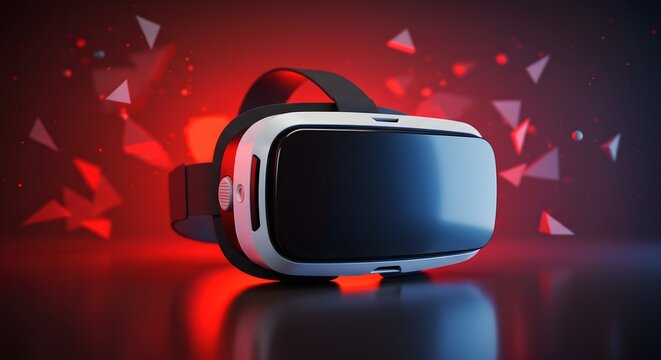 Sleek virtual reality headset against a red, geometric backdrop.