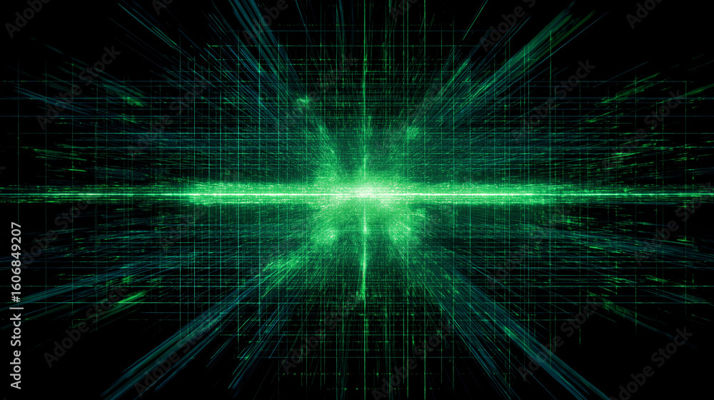 Poster abstract matrix with green light effect emanating from center.