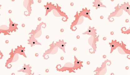 Seamless Pattern with Cute Pink Seahorses and Bubbles – Underwater Marine Cartoon Design