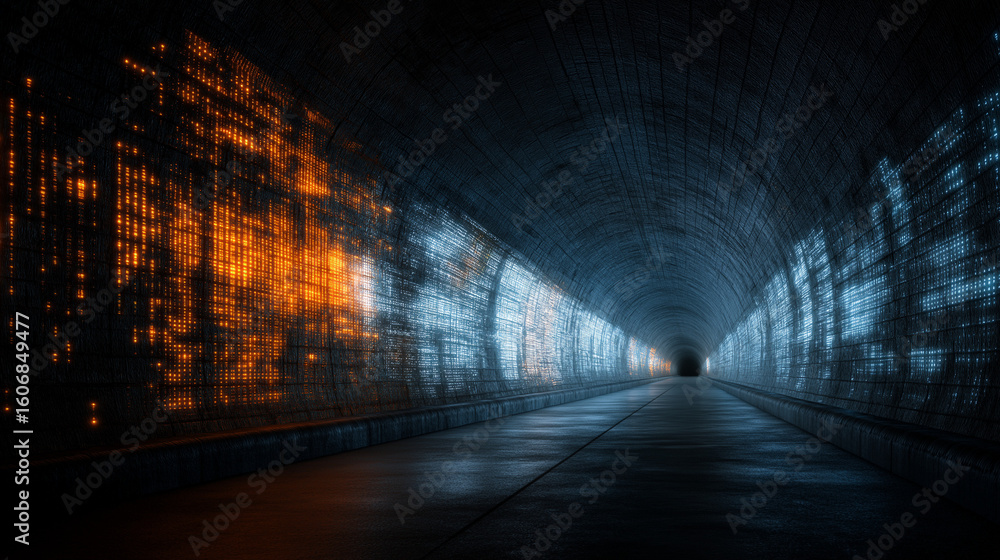 Poster abstract tunnel with colorful glowing lights creating a futuristic perspective