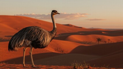 Standing flightless bird stretching neck on reddish dune, with rolling sand dunes and desert shrubs